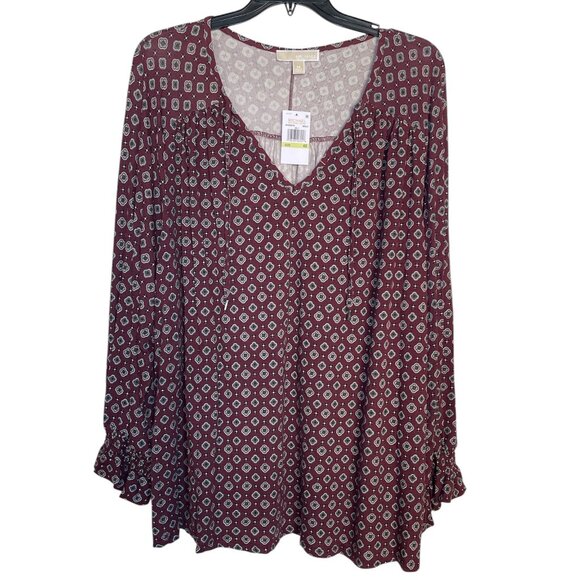 MICHAEL Michael Kors Tops - Michael by Michael Kors Burgundy Geometric Print V-Neck Long Sleeve Top sz 4X